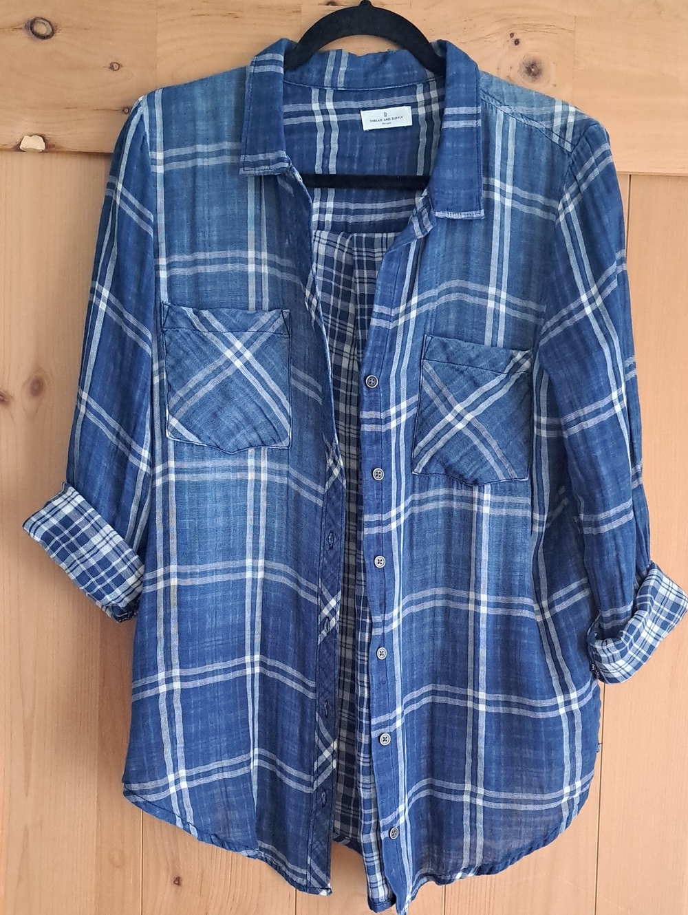 Thread And Supply Denim Blue Looking Plaid Gauze Like Material Top. Size Large